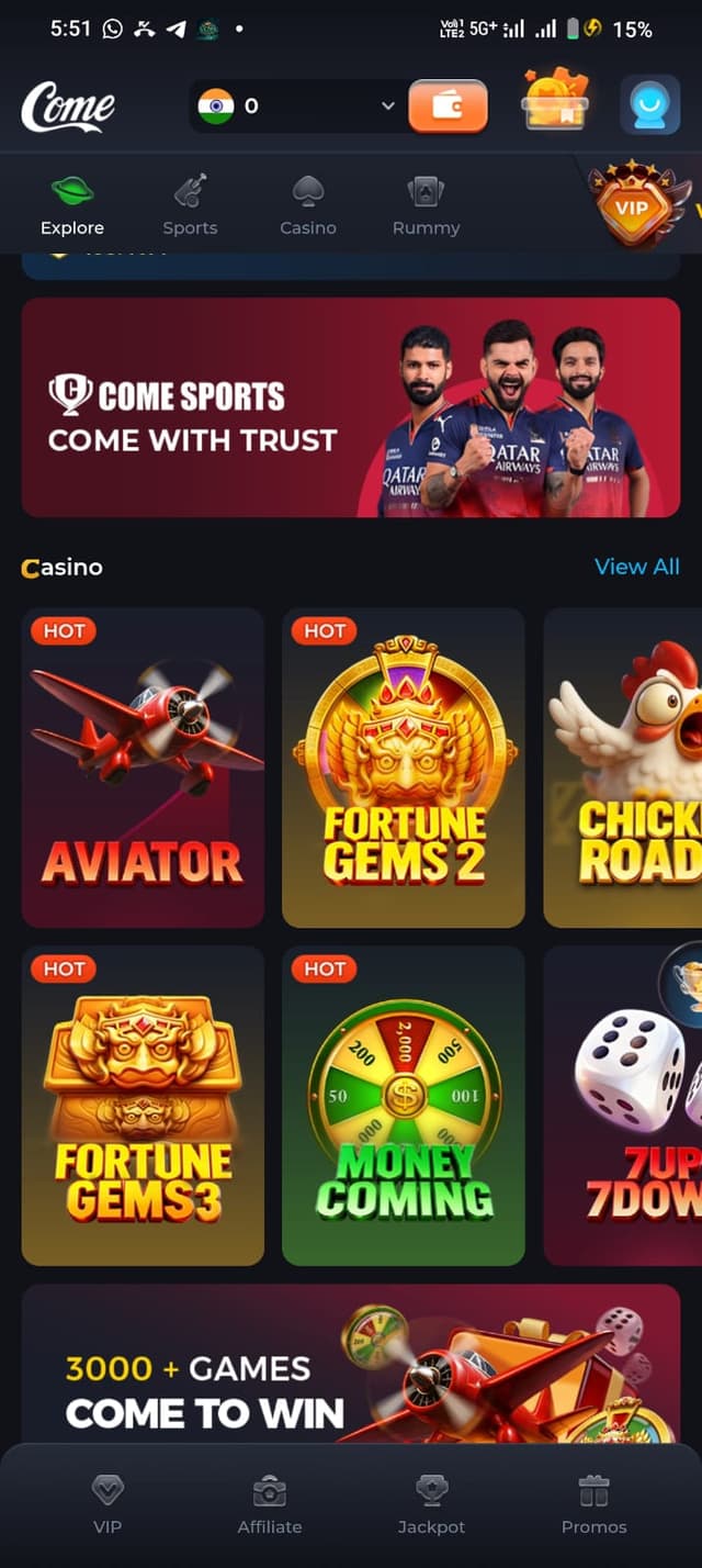 Come Game casino games selection screen