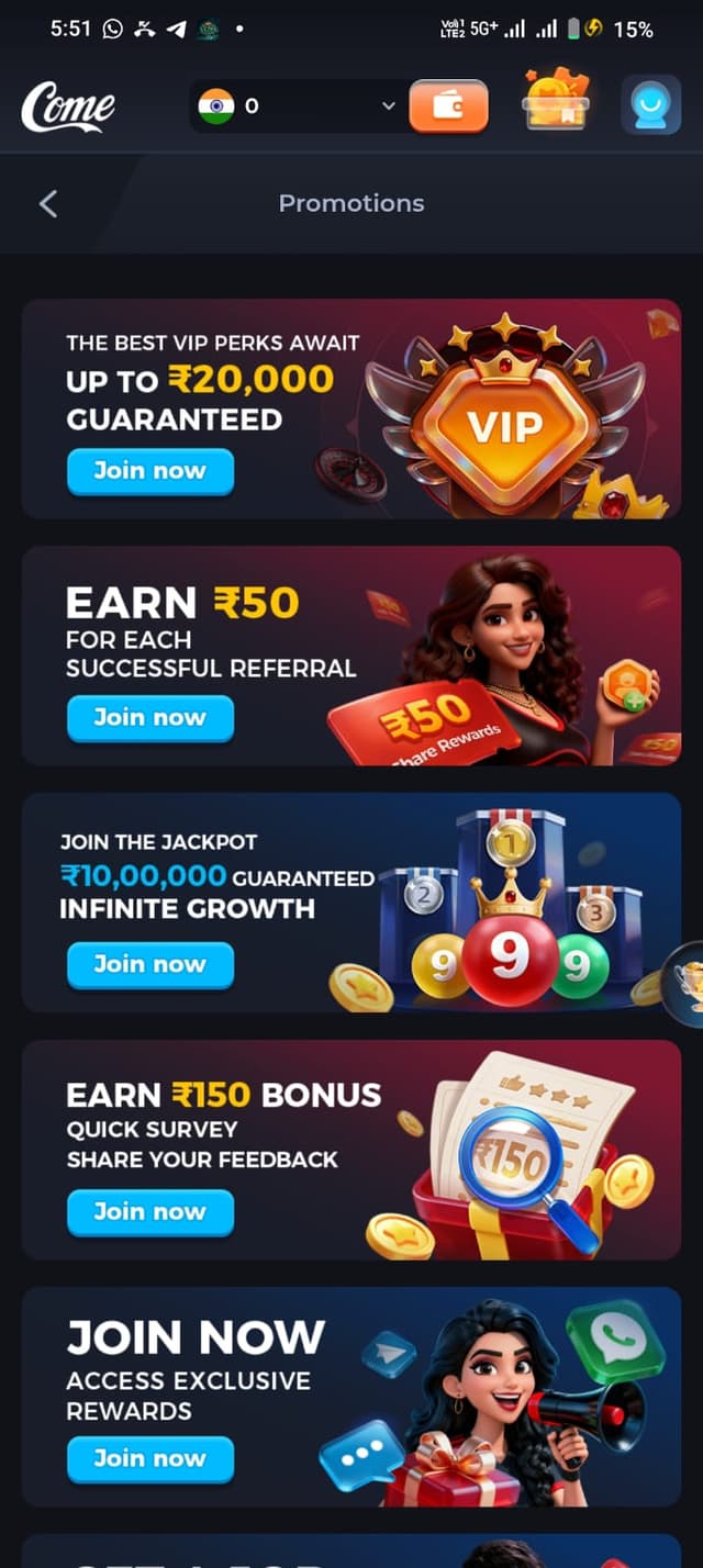 Come Game bonus offers and promotions